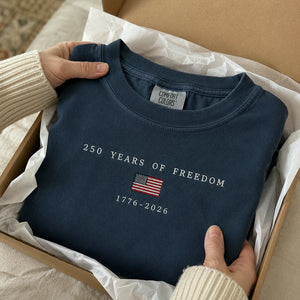USA 250 Years Embroidered T-Shirt - America 250th Anniversary, Independence Day Tee