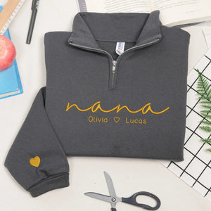 Custom nana quarter zip sweatshirt embroidered with grandkids names personalized grandma gift cozy family sweatshirt