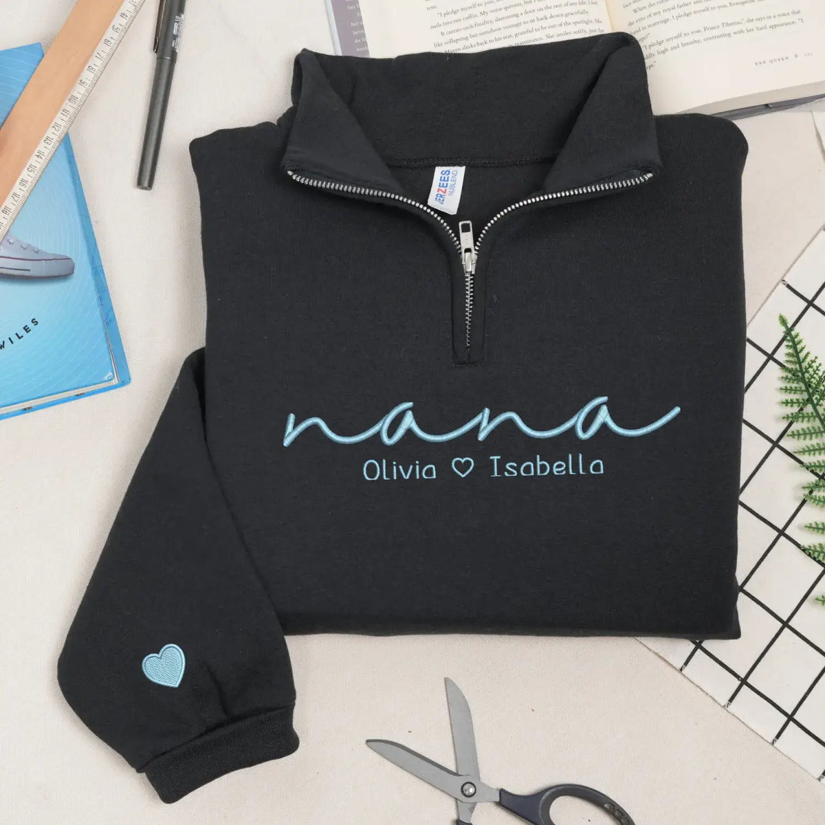 Custom nana quarter zip sweatshirt embroidered with grandkids names personalized grandma gift cozy family sweatshirt