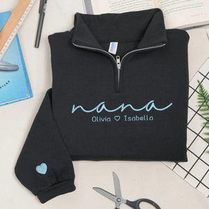 Custom nana quarter zip sweatshirt embroidered with grandkids names personalized grandma gift cozy family sweatshirt