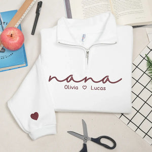 Custom nana quarter zip sweatshirt embroidered with grandkids names personalized grandma gift cozy family sweatshirt