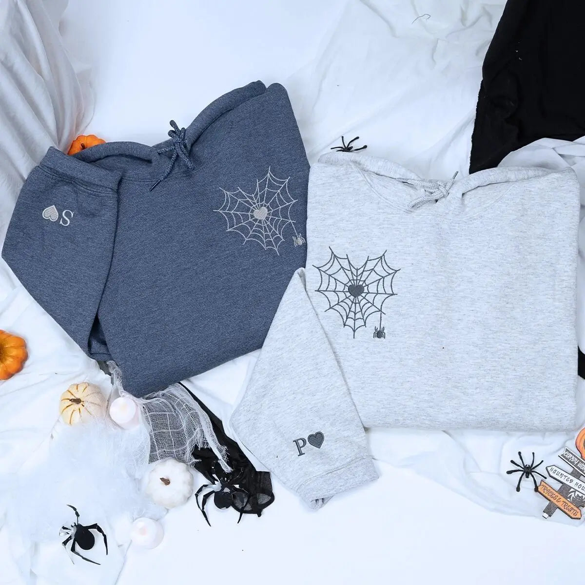 Custom embroidered heart hoodie with spider web design – Valentine gift for new couples