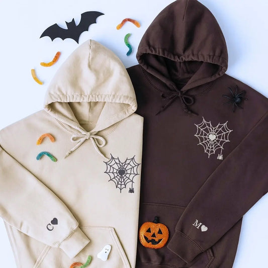 Custom embroidered heart hoodie with spider web design – Valentine gift for new couples