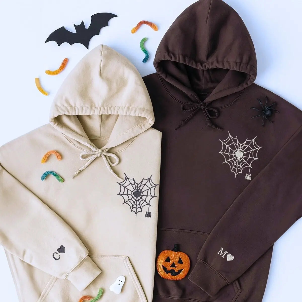 Custom embroidered heart hoodie with spider web design – Valentine gift for new couples