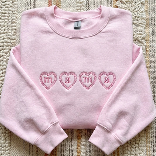 Embroidered Mama Heart Crewneck for Mom Valentine’s Day, Mother’s Day Gifts