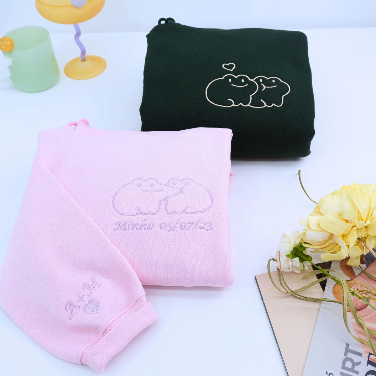 custom embroidered kissing frog couple hoodies valentine’s gift