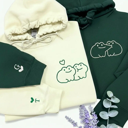 custom embroidered kissing frog couple hoodies valentine’s gift