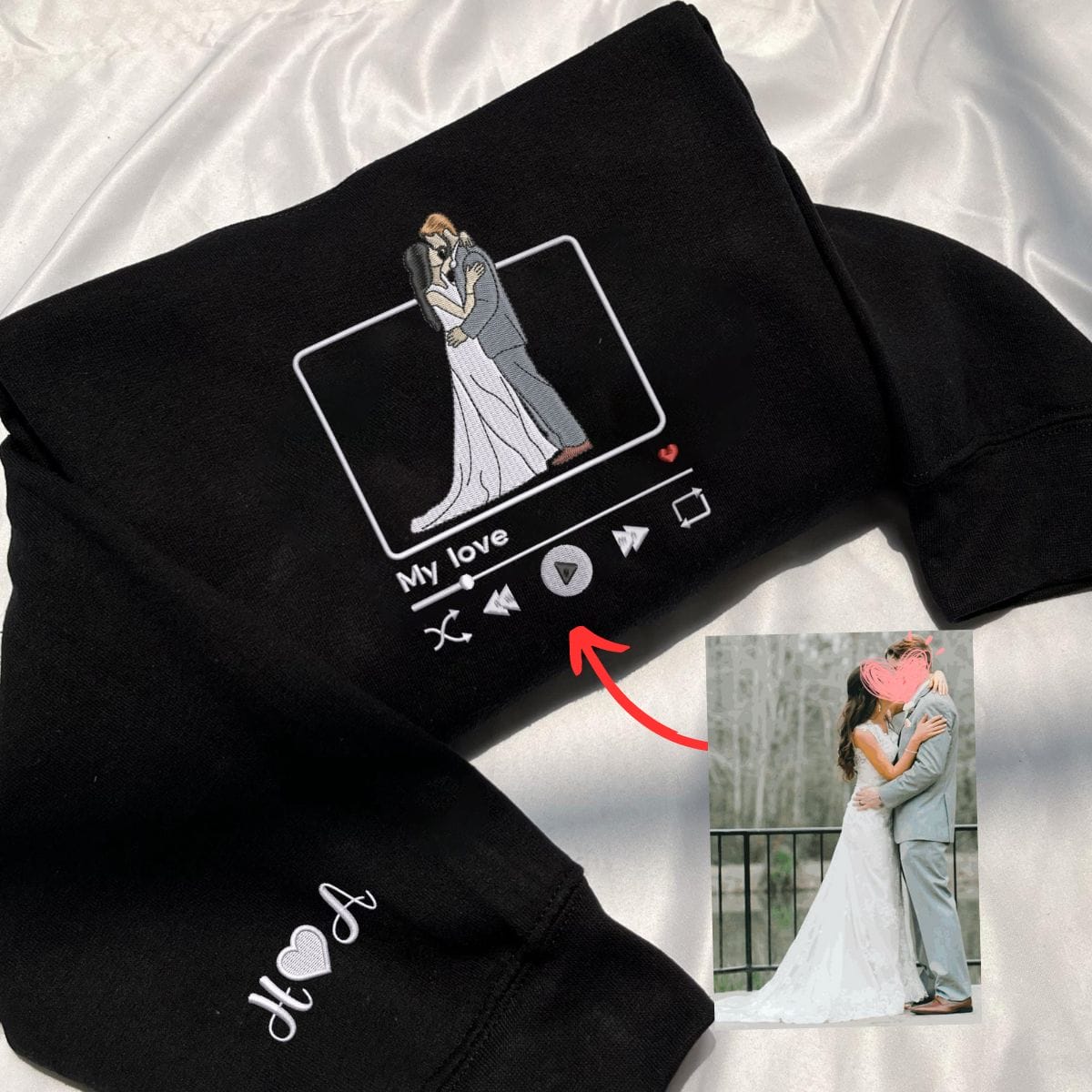 Gift for Newly Married Couple with Photo Portrait Sweatshirt Embroidered, Initial Heart on sleeve