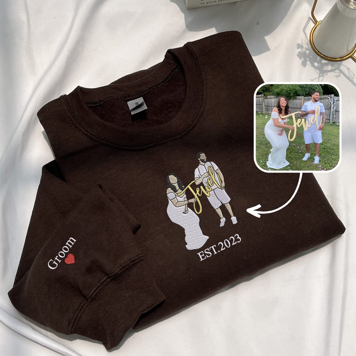 Personalized Wedding Shower Gifts for Groom Sweatshirt with Embroidery Your Photo, Any Text on Sleeve