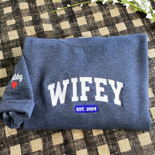 Customized Wifey Est 2024 Sweatshirt, Engagement Sweatshirt Embroidered, Bridal Shower Gift, New Wife Crewneck