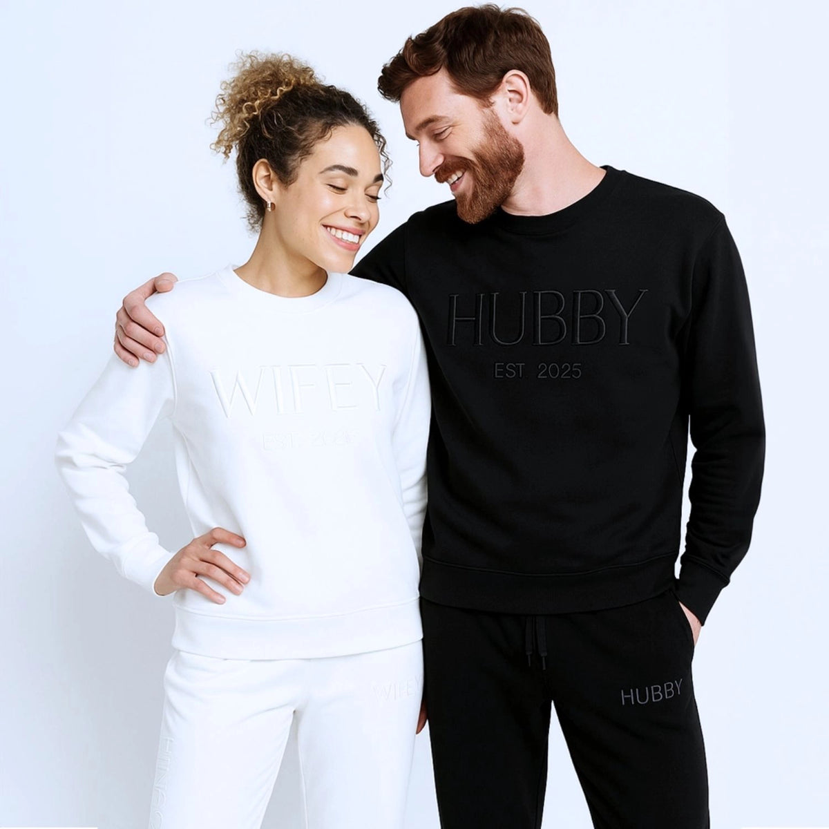 Personalized wifey and hubby sweatsuits embroidered for couples