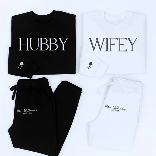 Personalized wifey and hubby sweatsuits embroidered for couples