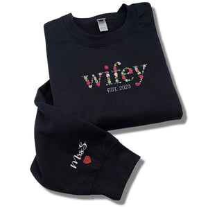 Wifey Sweatshirt, Custom Floral Wifey Sweater Est 2024 Embroidered with Initial Heart Sleeve