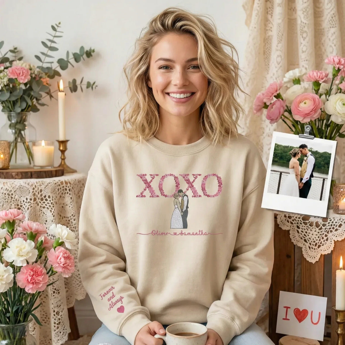 Custom XOXO Floral Sweatshirt or Hoodie with Embroidered Portrait from Photo, Best Gifts for Girlfriend