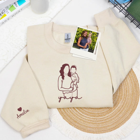 Custom Yaya Photo Line Art Embroidered Sweatshirt Hoodie - Personalized Mother's Day 2026 Gift for Gramdma