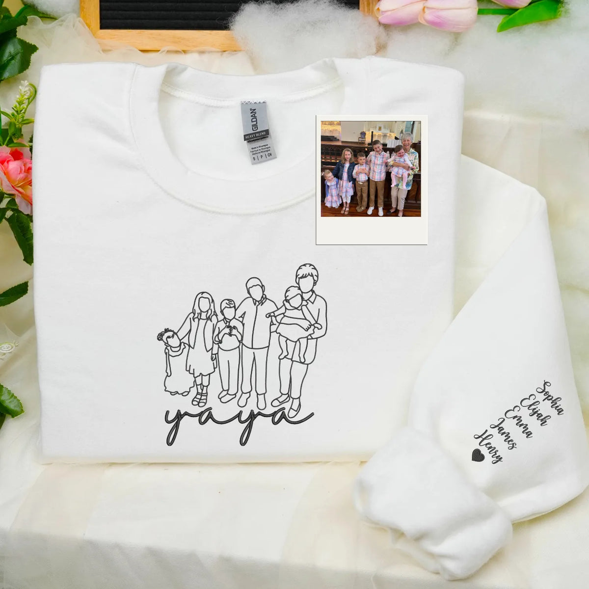 Custom Yaya Photo Line Art Embroidered Sweatshirt Hoodie - Personalized Mother's Day 2026 Gift for Gramdma