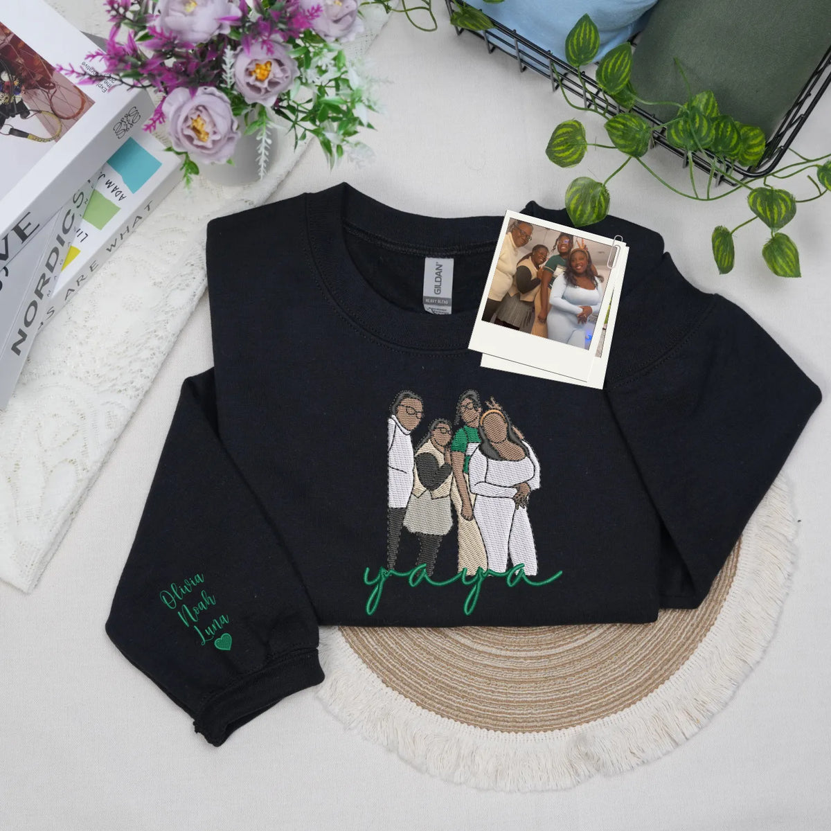 Custom Yaya Photo Portrait Embroidered Sweatshirt Hoodie with with Grandkids' Names on Sleeve