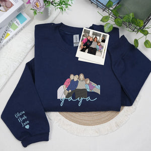Custom Yaya Photo Portrait Embroidered Sweatshirt Hoodie with with Grandkids' Names on Sleeve