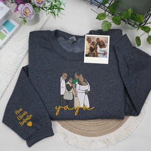 Custom Yaya Photo Portrait Embroidered Sweatshirt Hoodie with with Grandkids' Names on Sleeve