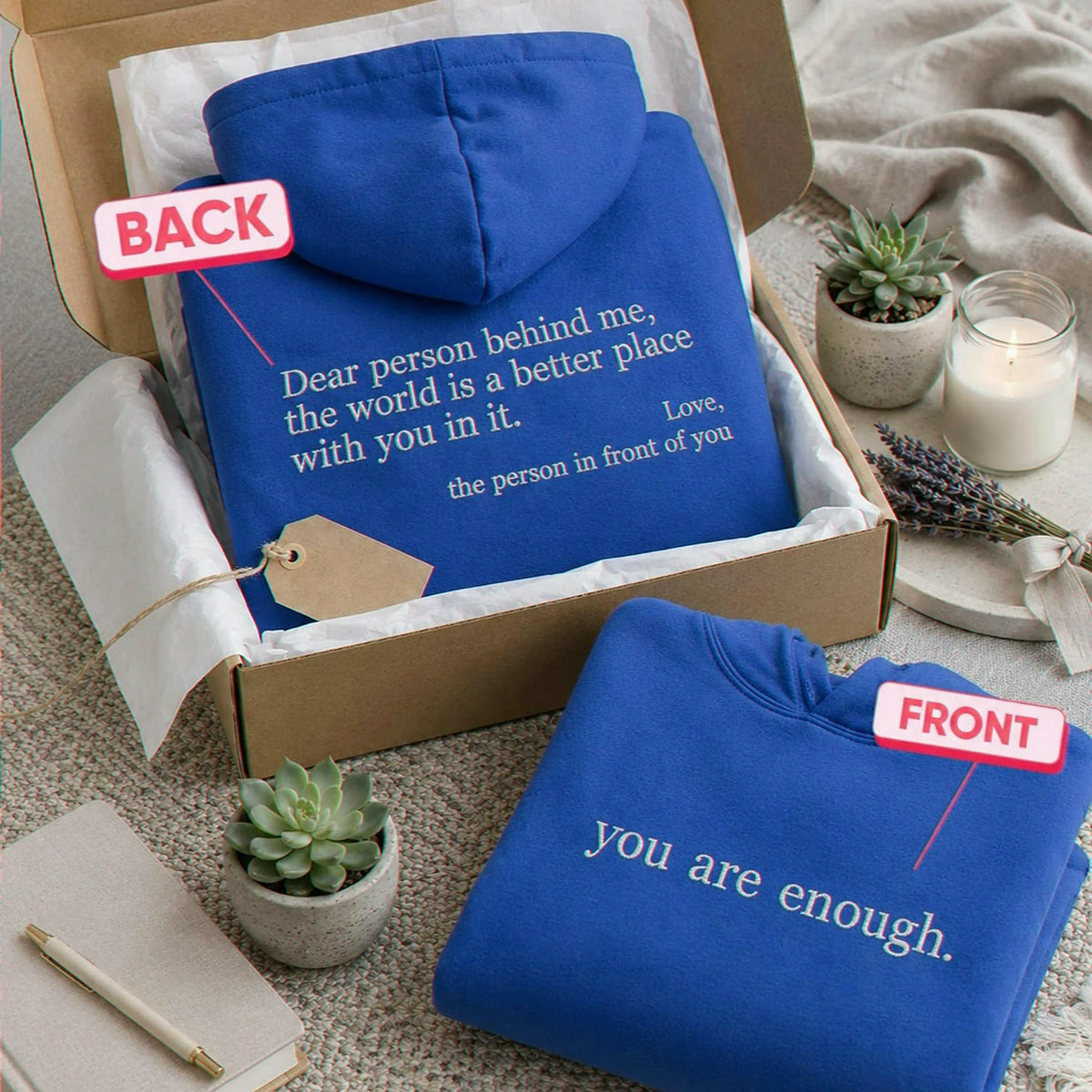 Embroidered You Are Enough Minimalist Hoodie, Encouragement Gift for a New College Student