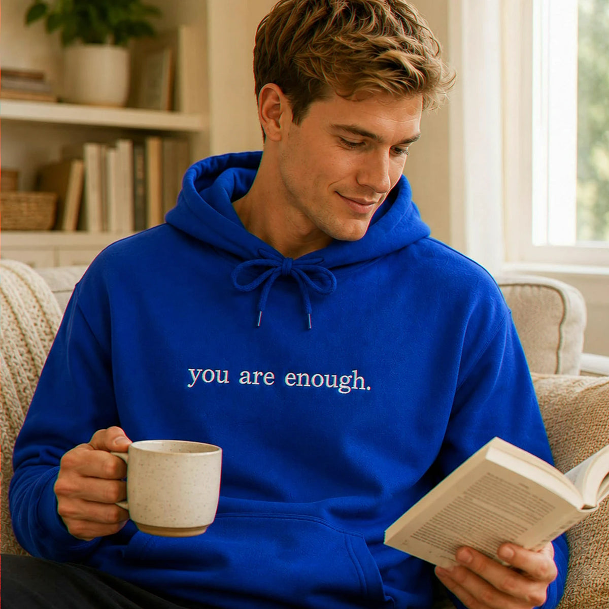 Embroidered You Are Enough Minimalist Hoodie, Encouragement Gift for a New College Student