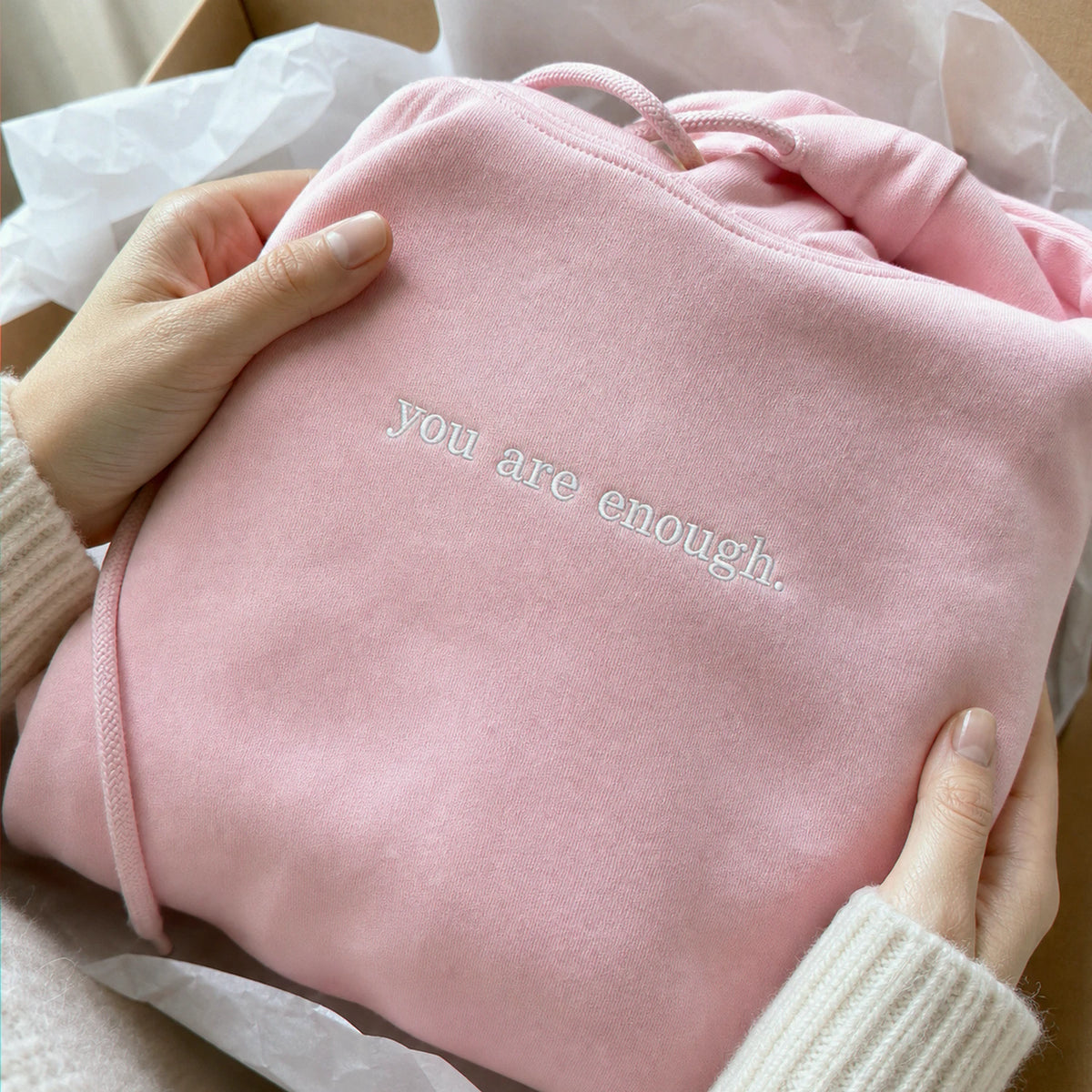 Minimalist You Are Enough Hoodie, Aesthetic Embroidered Women’s Encouragement Gift with Back Message