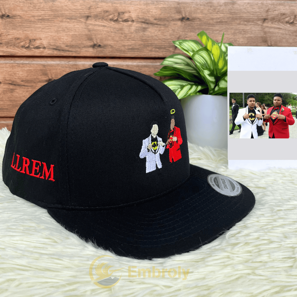 Personalized Hat with Photo Embroidery Design, Anniversary Gift for Friend Couple, Customize Snapback Hat with Date On Side Navy/Red