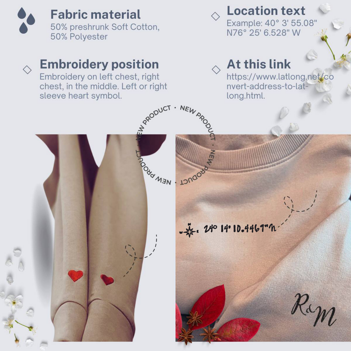 Custom Longitude and Latitude Location Sweatshirt or Hoodie with Embroidery - Embroly