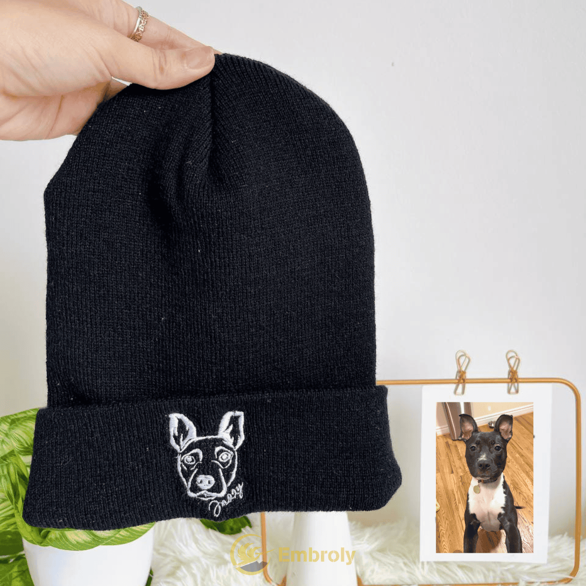 Personalized Embroidered Pet Outline From Photo On Beanie, Customized With Pet Name On Side Or Under Photo