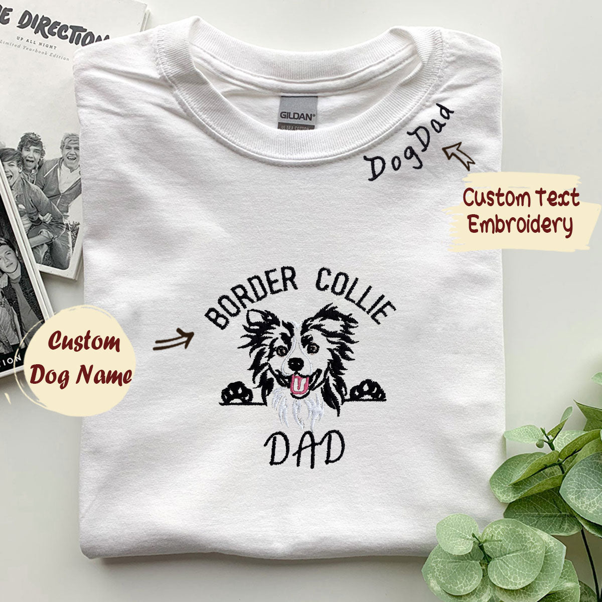 Custom Border Collie Shirt Embroidered Collar with Dog Name
