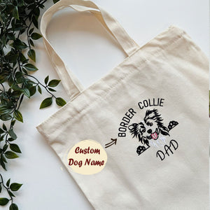 Custom Border Collie Dog Dad Embroidered Tote Bag, Personalized Tote Bag with Dog Name, Best Gifts For Boxer Lovers