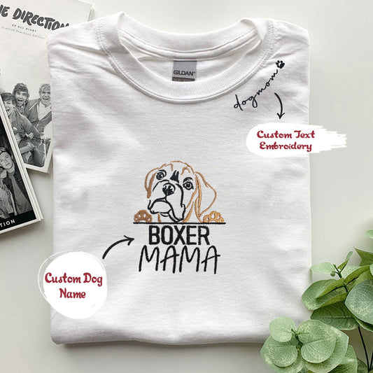 Custom Boxer T shirts, Dog Mama Shirt Embroidered Collar with Dog Name, Best Gifts For Boxer Lovers - Embroly