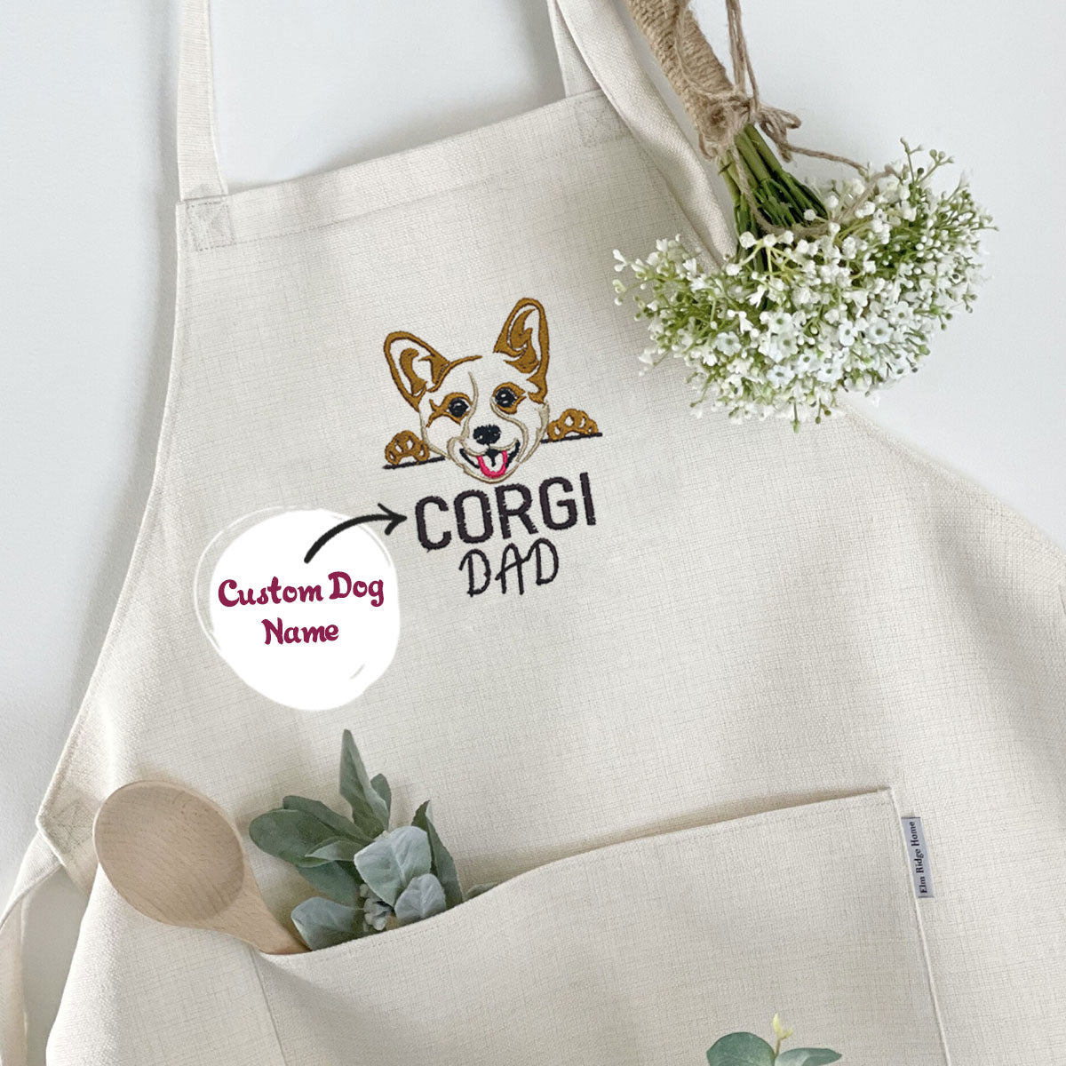 Custom Corgi Dog Dad Embroidered Apron, Personalized Apron with Dog Name, Best Gifts For Corgi Lovers