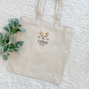 Custom Corgi Dog Dad Embroidered Tote Bag, Personalized Tote Bag with Dog Name, Best Gifts For Corgi Lovers
