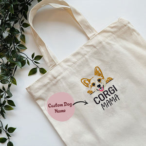 Custom Corgi Dog Mama Embroidered Tote Bag, Personalized Tote Bag with Dog Name, Best Gifts For Corgi Lovers