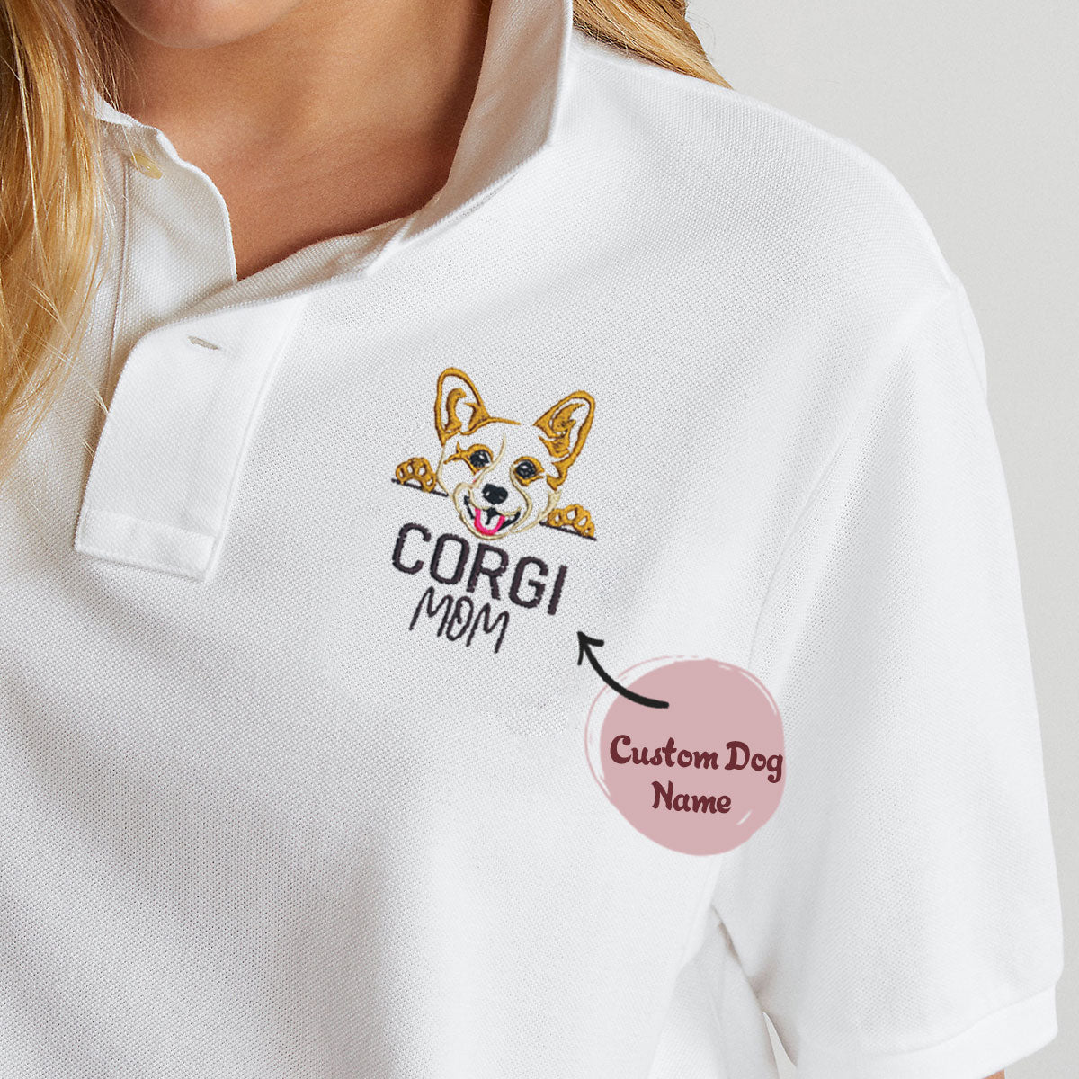 Custom Corgi Dog Mom Embroidered Polo Shirt, Personalized Polo Shirt with Dog Name, Best Gifts For Corgi Lovers