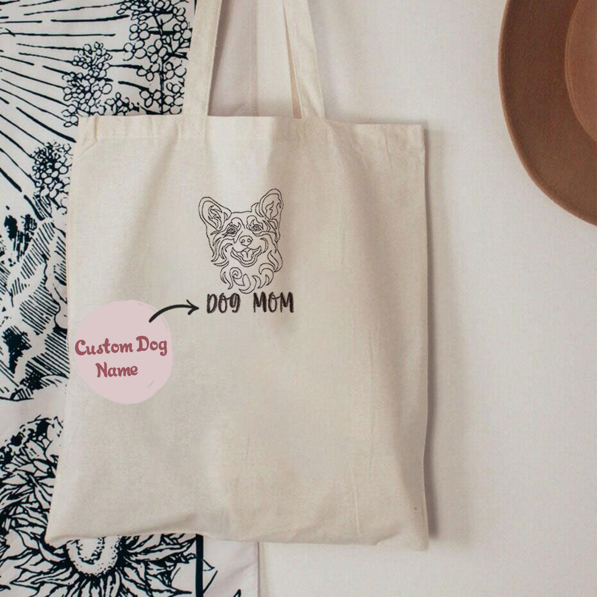 Custom Corgi Dog Mom Embroidered Tote Bag, Personalized Tote Bag with Dog Name, Unique Gifts For Corgi Lovers