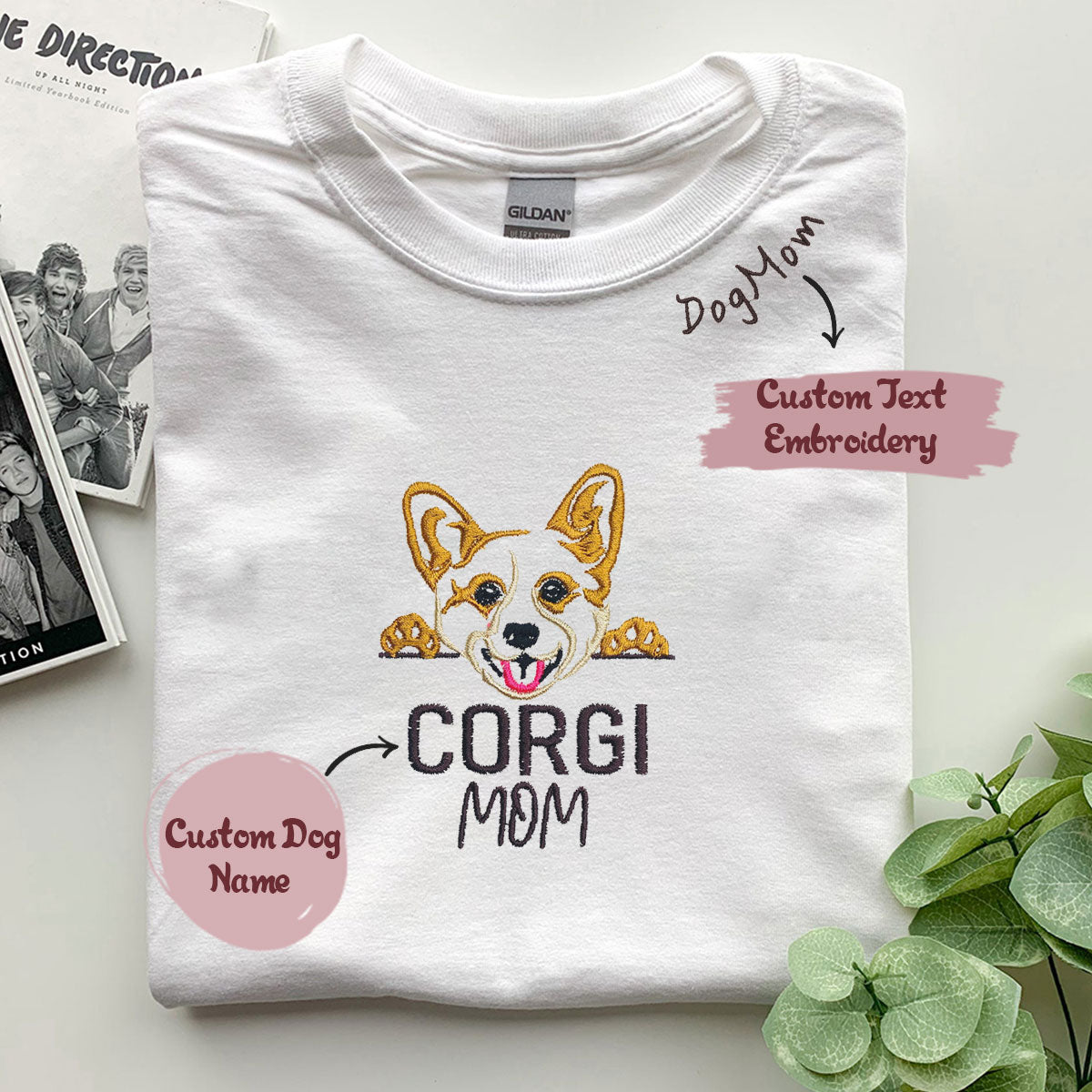 Custom Corgi Dog Mom Shirt Embroidered Collar, Personalized Shirt with Dog Name, Best Gifts For Corgi Lovers