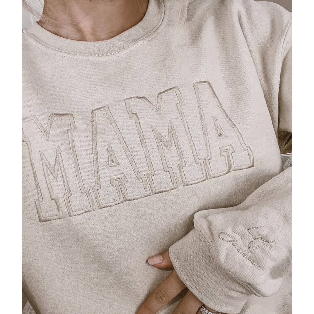 Custom Embroidered Embroly Sweatshirt Mama Sleeve, With Mama Name On - Gift