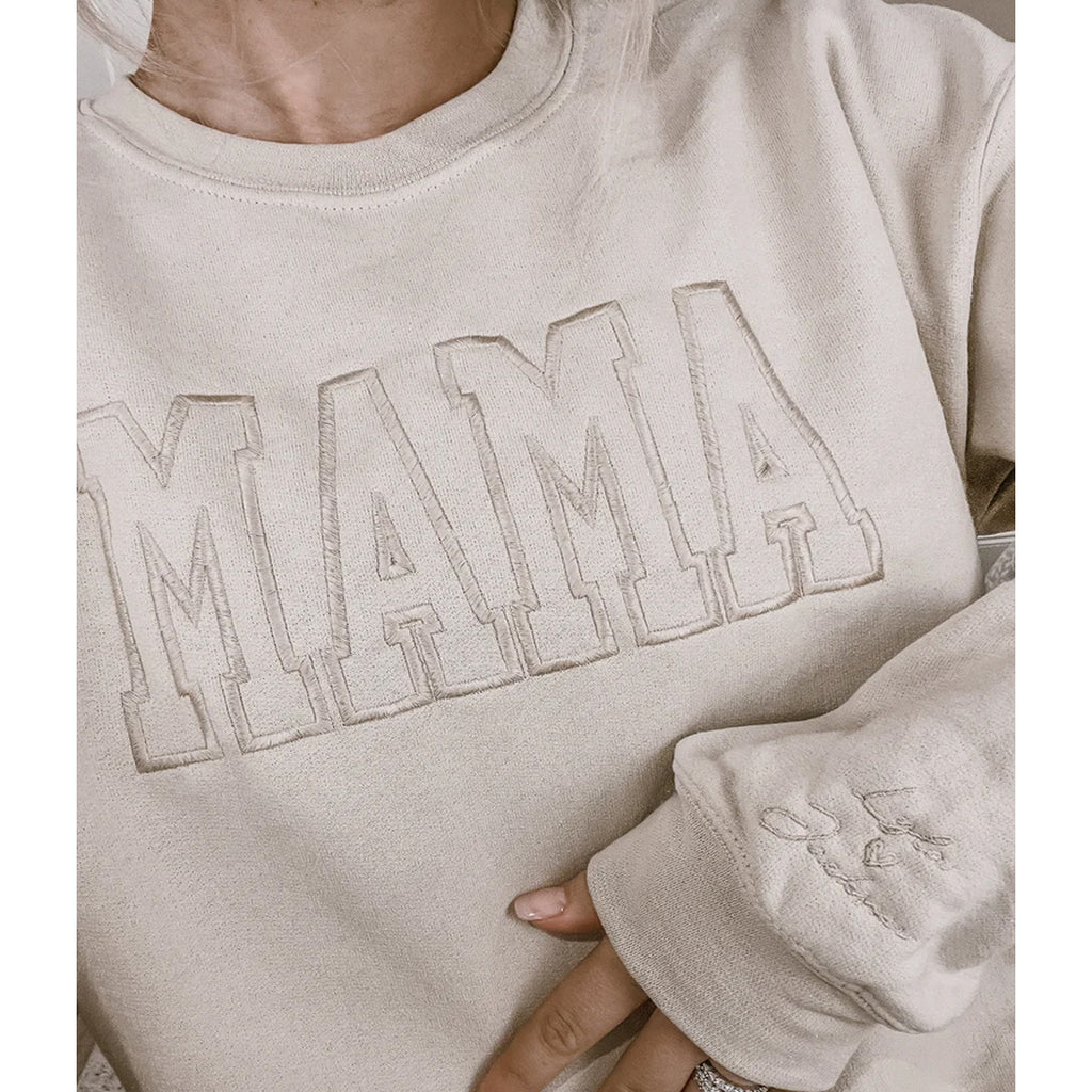 Custom Embroidered Mama Sweatshirt With Name On Sleeve, Mama Gift