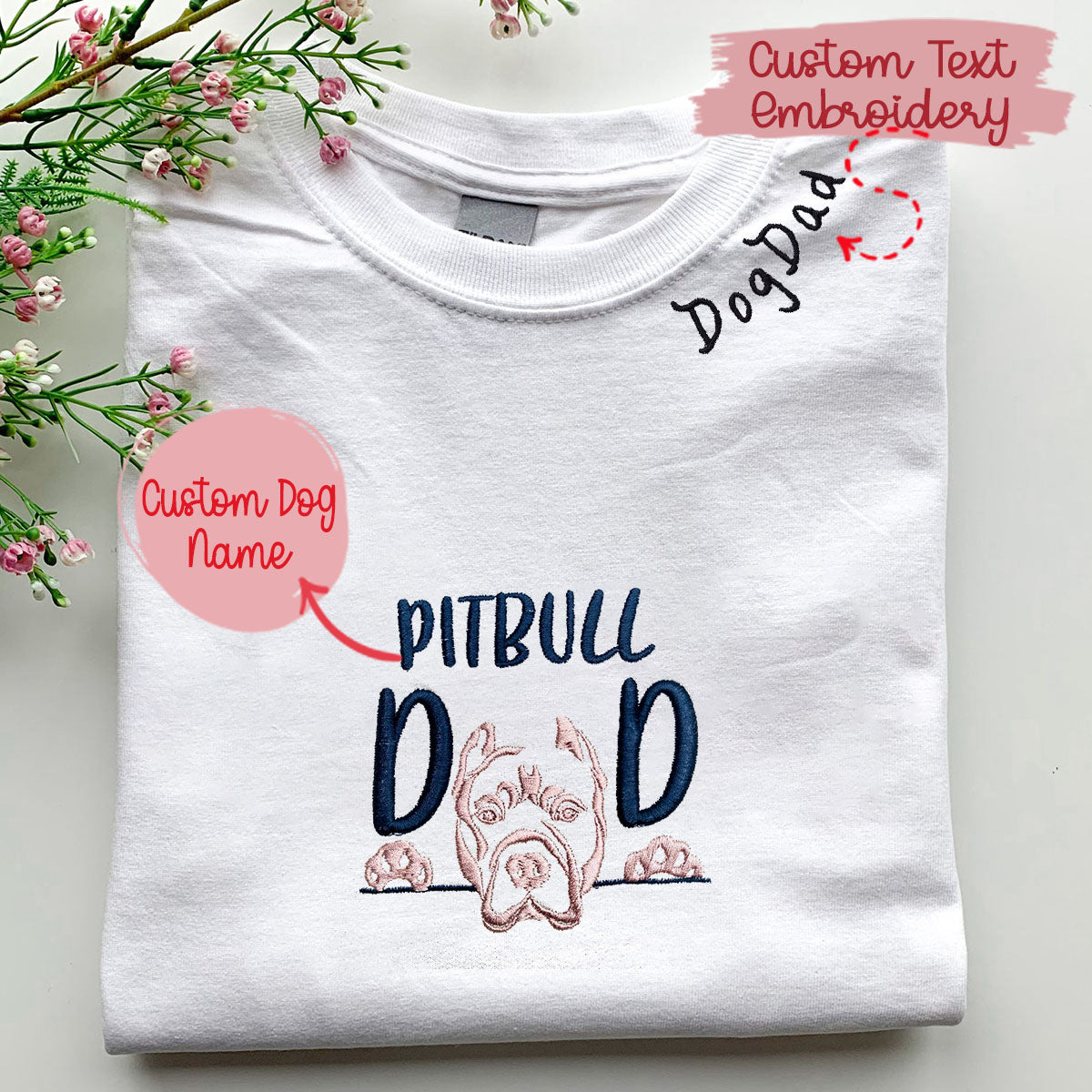 Custom Pitbull Dog Dad Embroidered Collar Shirt, Personalized Shirt with Dog Name, Best Gifts for Pitbull Lovers