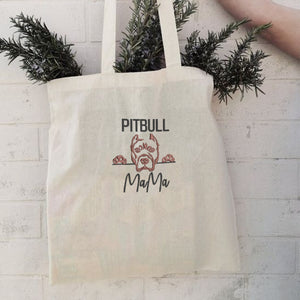 Custom Pitbull Dog Mama Embroidered Tote Bag, Personalized Tote Bag with Dog Name, Best Gifts for Pitbull Lovers