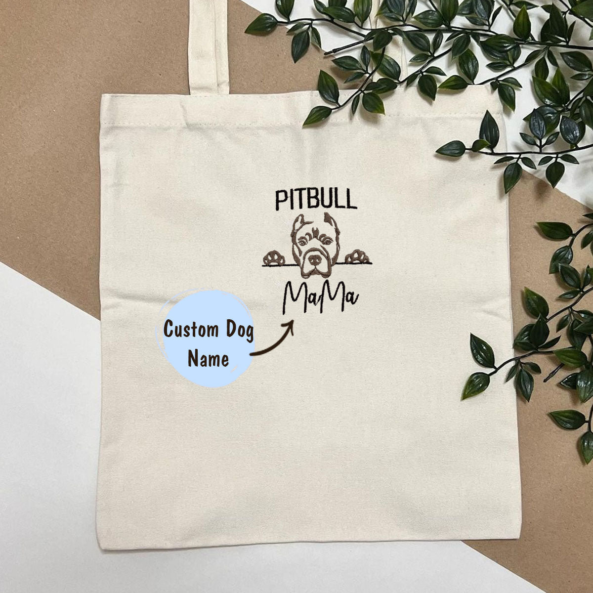 Custom Pitbull Dog Mama Embroidered Tote Bag, Personalized Tote Bag with Dog Name, Best Gifts for Pitbull Lovers