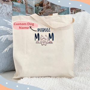 Custom Pitbull Dog Mom Embroidered Tote Bag, Personalized Tote Bag with Dog Name, Best Gifts for Pitbull Lovers
