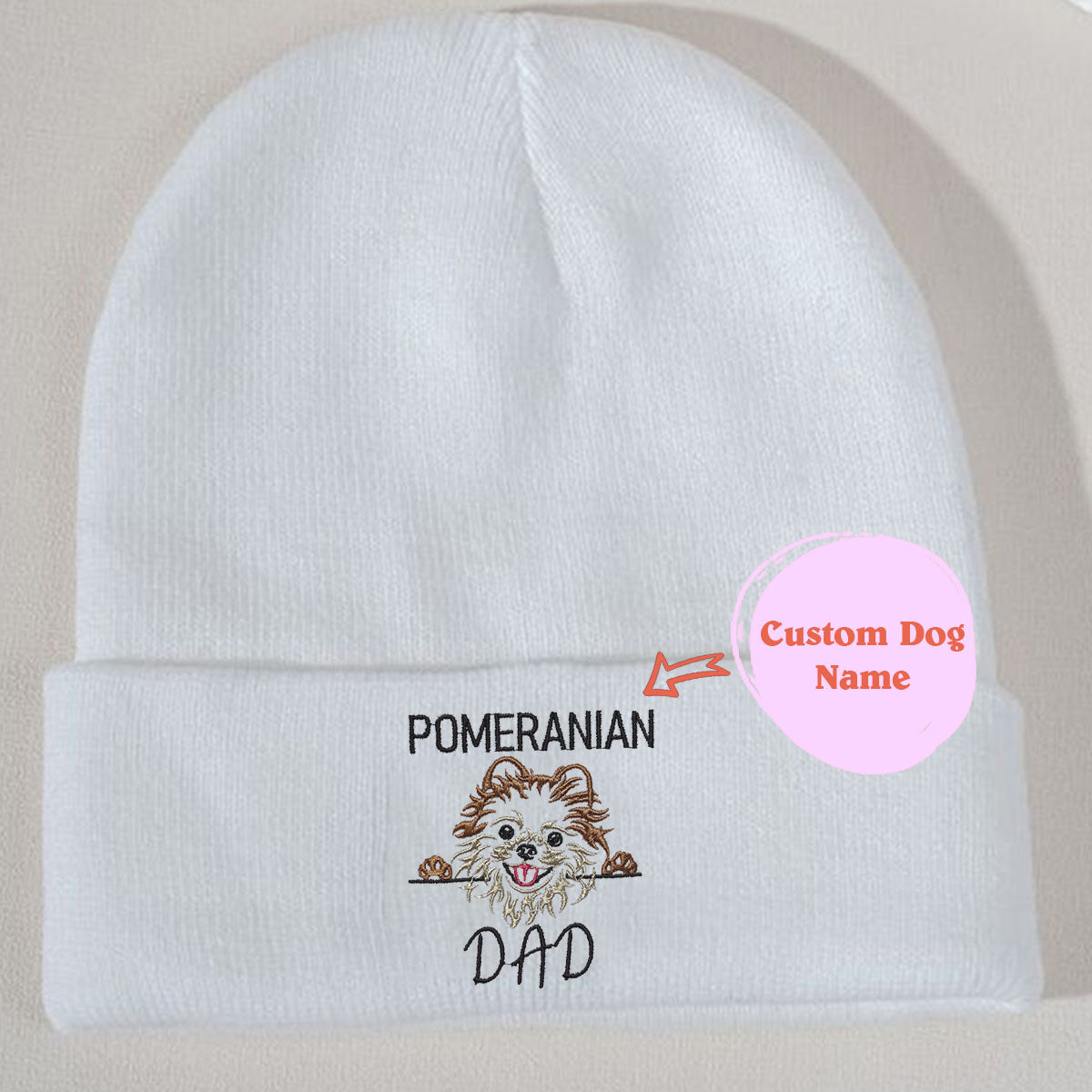Custom Pomeranian Dog Dad Embroidered Beanie, Personalized Beanie with Dog Name, Best Gifts For Pomeranian Lovers