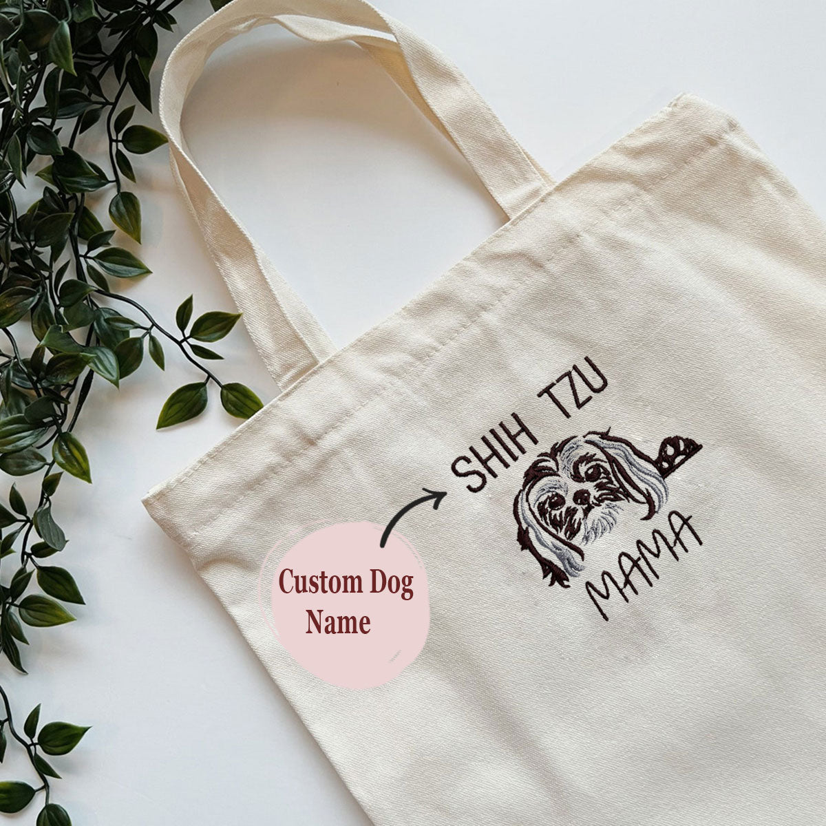 Custom Shih Tzu Dog Mama Embroidered Tote Bag, Personalized Tote Bag with Dog Name, Best Gifts For Shih Tzu Lovers