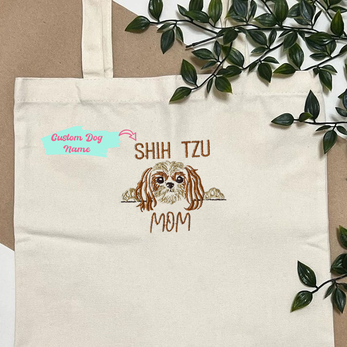 Custom Shih Tzu Dog Mom Embroidered Tote Bag, Personalized Tote Bag with Dog Name, Best Gifts For Shih Tzu Lovers