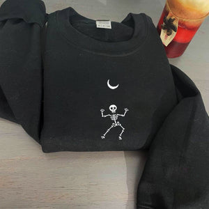 Black Skeleton Hoodie Halloween Crewneck, Dancing Skeleton Sweatshirt Embroidered