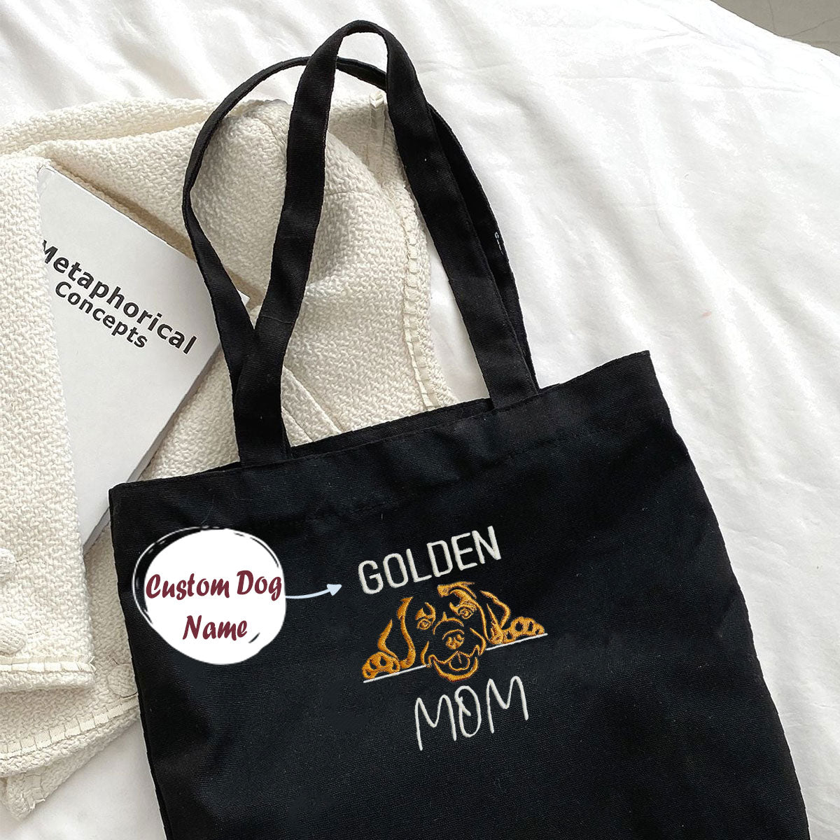 Personalized Golden Retriever Dog Mom Embroidered Tote Bag, Custom Tote Bag with Dog Name, Gifts for Golden Retriever Lovers