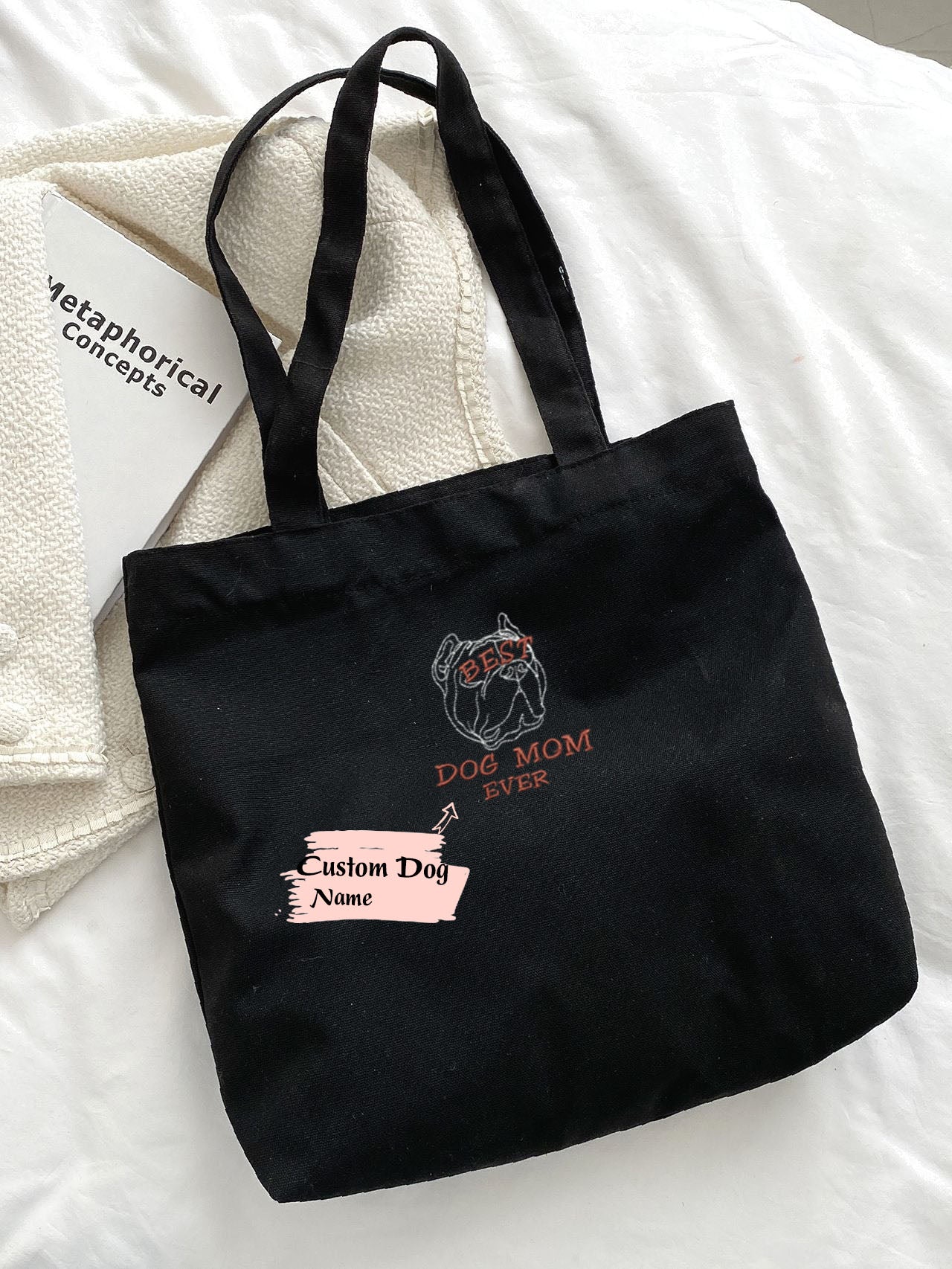 Custom Pitbull Mom Tote Bag Embroidery Dog Name, Best Gifts for Pitbull lovers, Best Pitbull Mom Ever Tote Bag Black